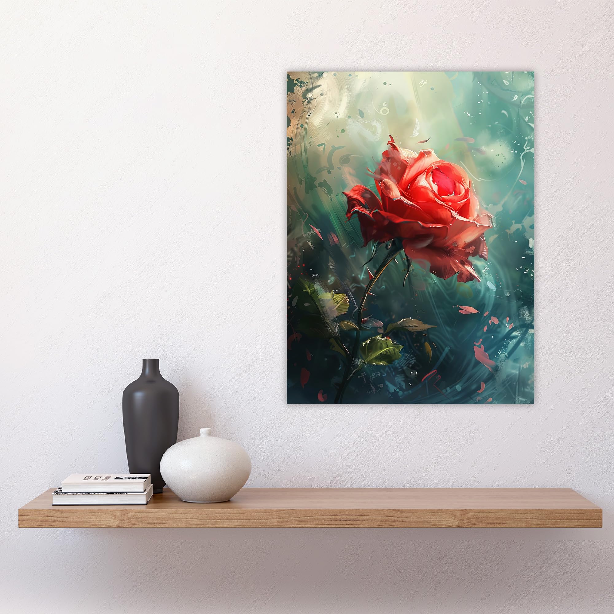 FUDMAE 筆前　Red Rose グラフィックポスター スカル Crimson Impasto Rose Painting | Original Oil Art for Walls